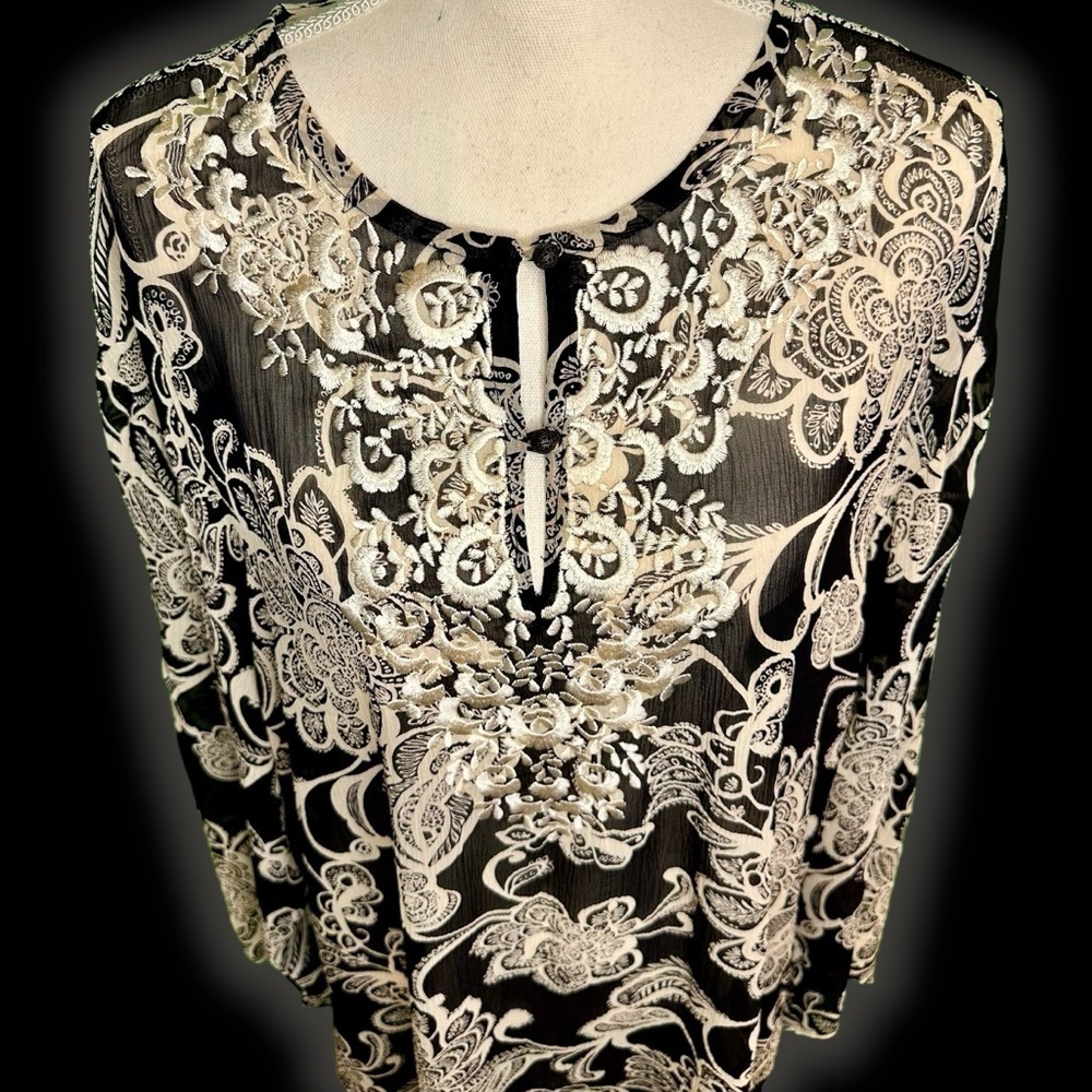 Oscar de la Renta Black & White 100% Silk Embroidered Long Sleeve Tunic Size 12 - Picture 11 of 11